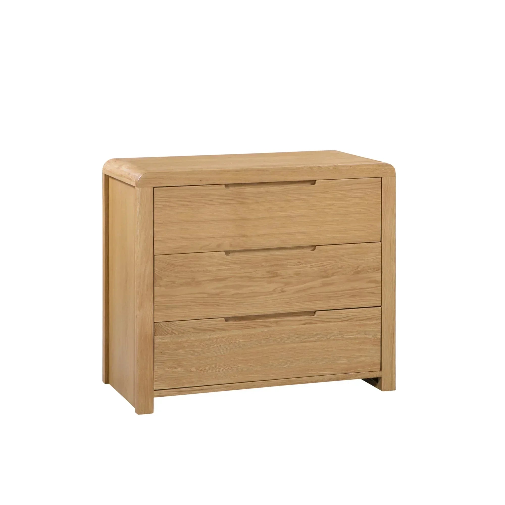 Oak 3 drawer chest with curved edges and recessed handles on white background