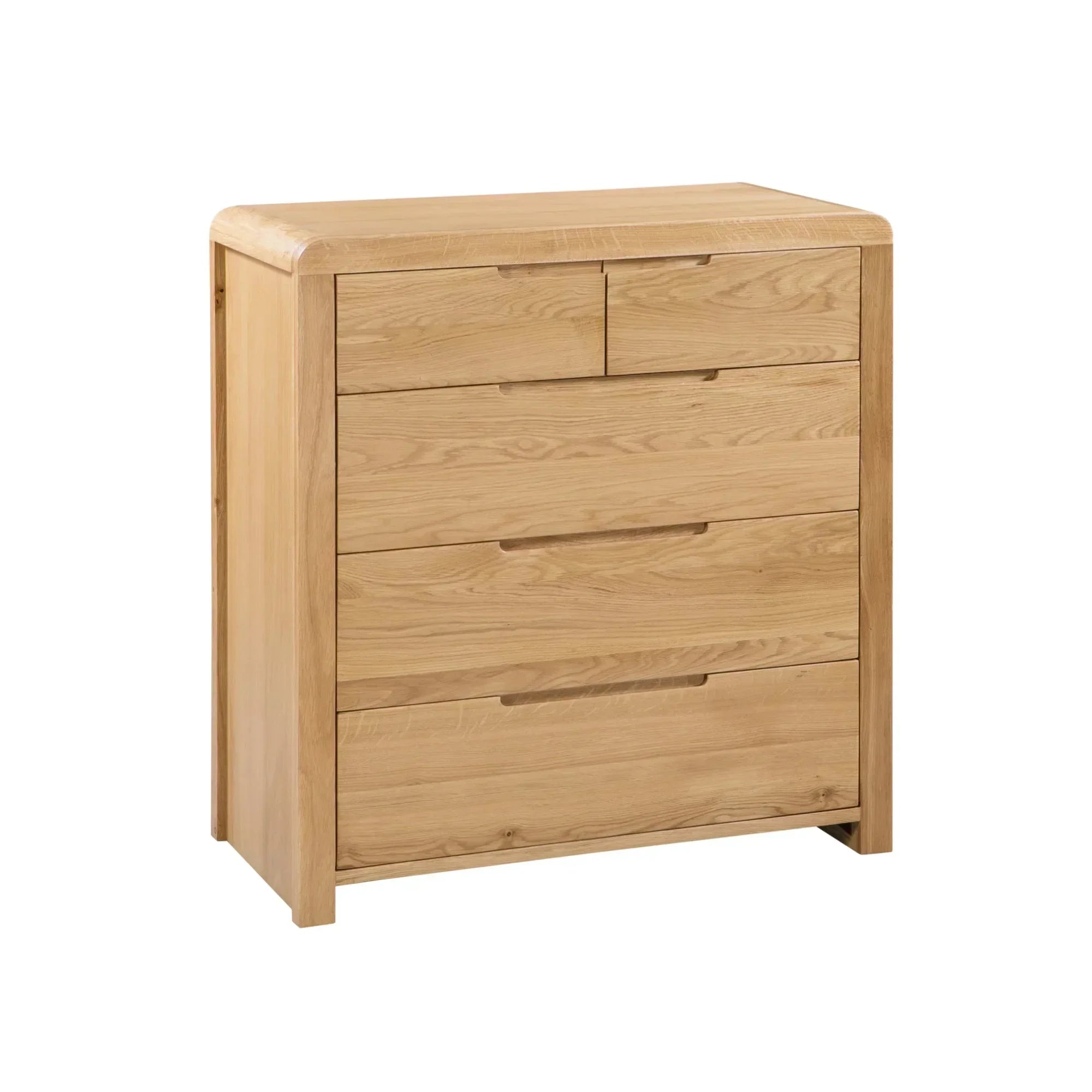 Oak wood 3 2 drawer chest with rounded corners and flat front, angled view
