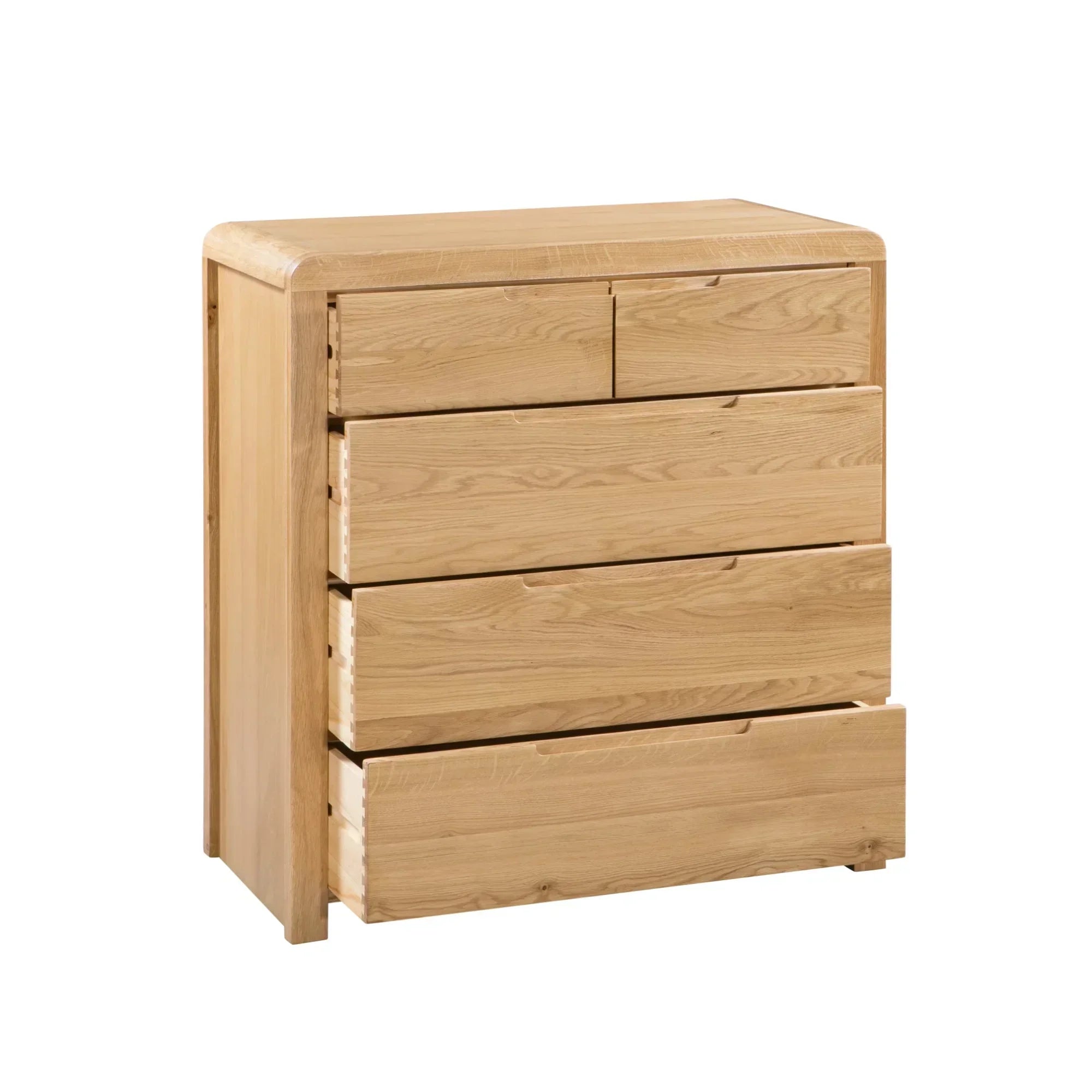 Natural wood 3 2 drawer chest with one lower drawer open, rounded corners, cutout handles