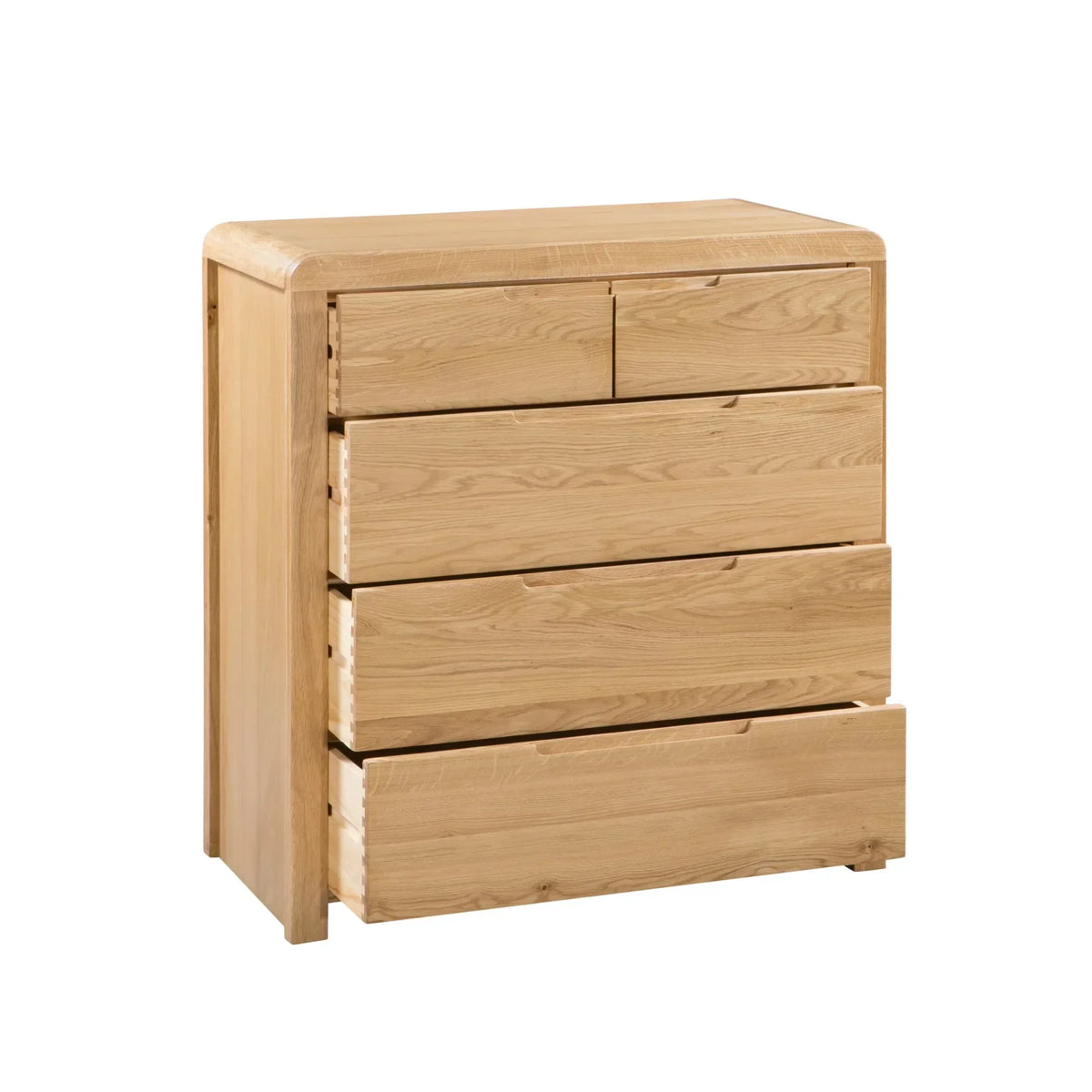 Natural wood 3 2 drawer chest with one lower drawer open, rounded corners, cutout handles