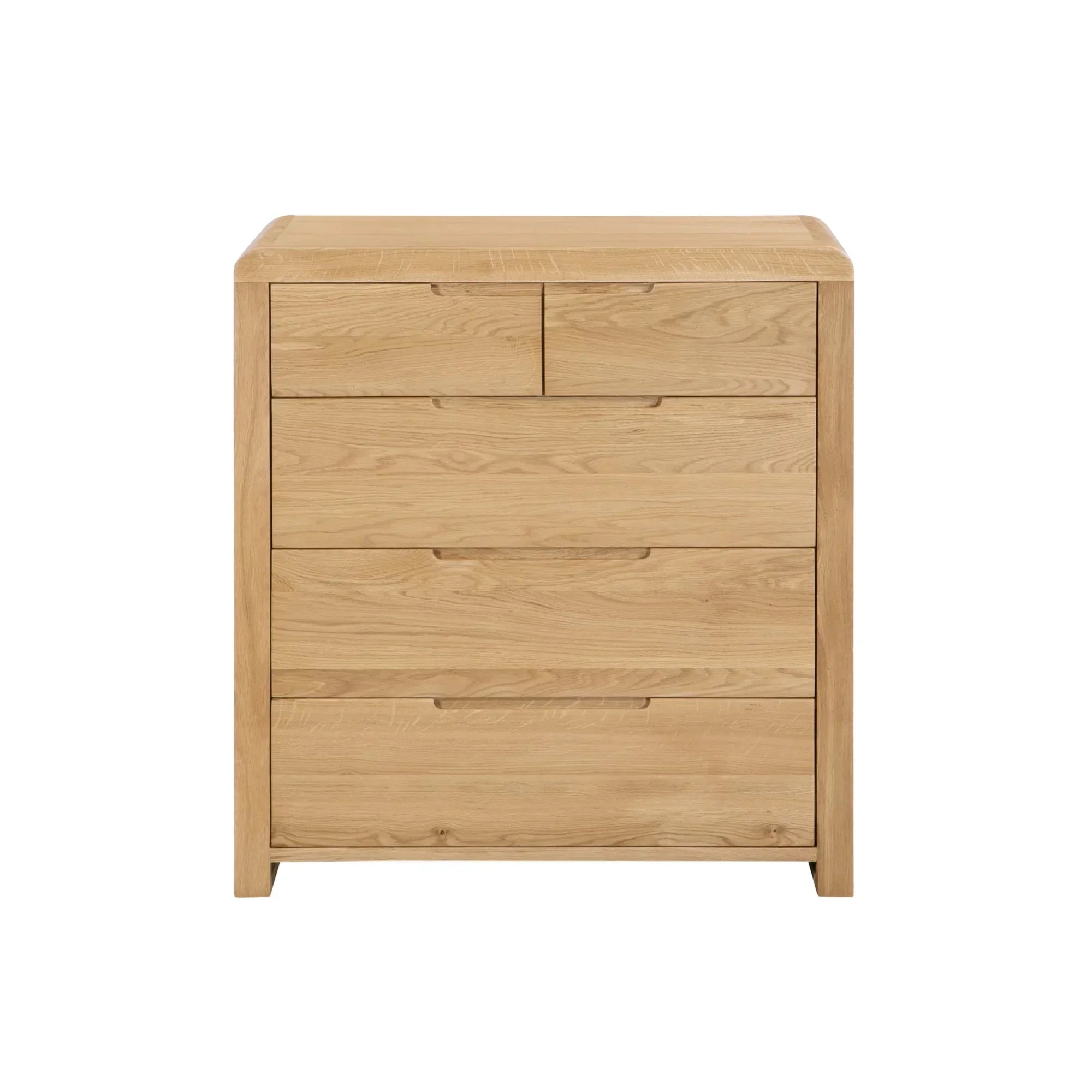Oak 2 over 3 drawer chest with smooth modern design, shown on white background