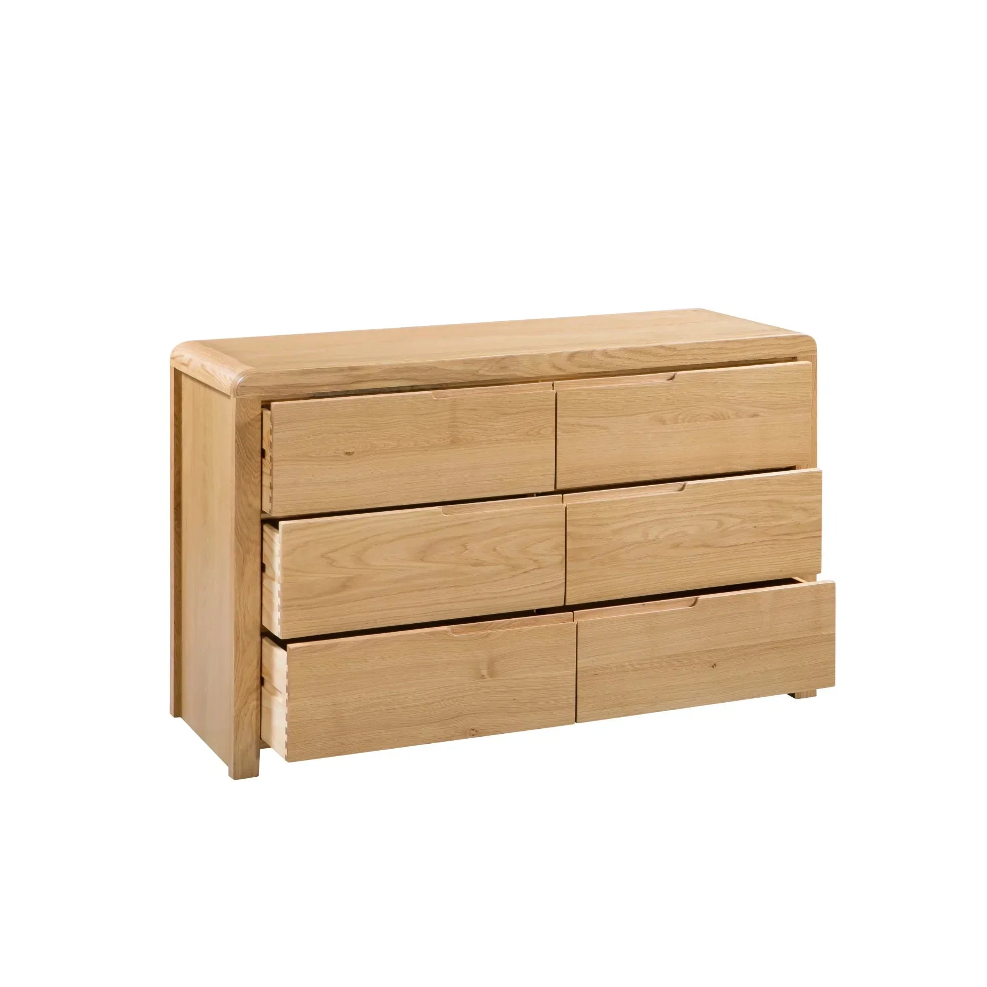 Wide wooden chest of 6 drawers with two bottom drawers open, natural oak finish