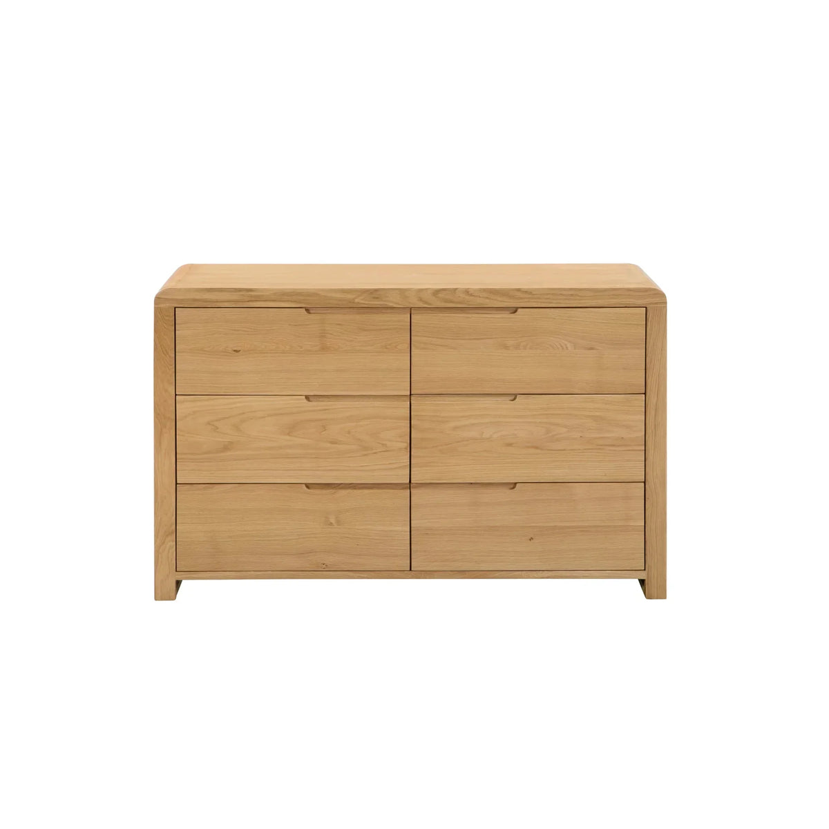 Oak finish 6 drawer wide chest with clean lines and recessed handles, front view