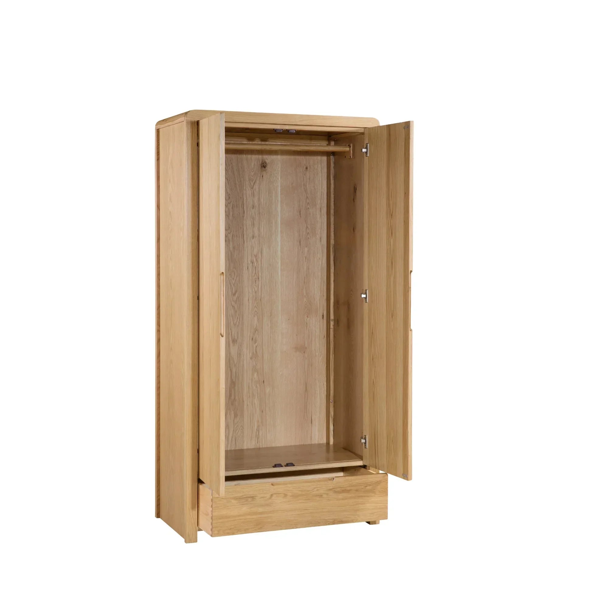 Oak wardrobe with two doors, one drawer, hanging rail, and open storage interior