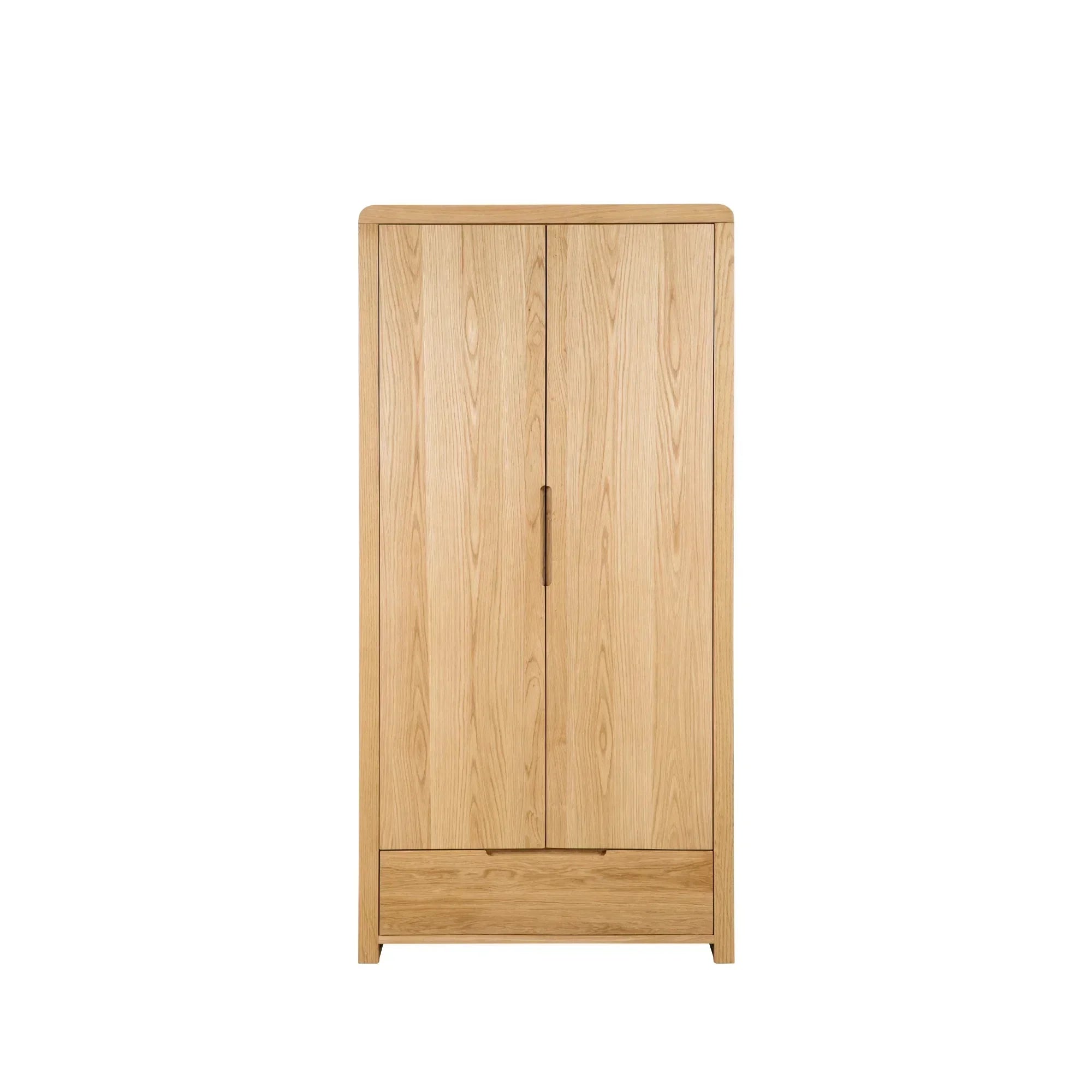 Oak wardrobe with two doors and one drawer, straight front view