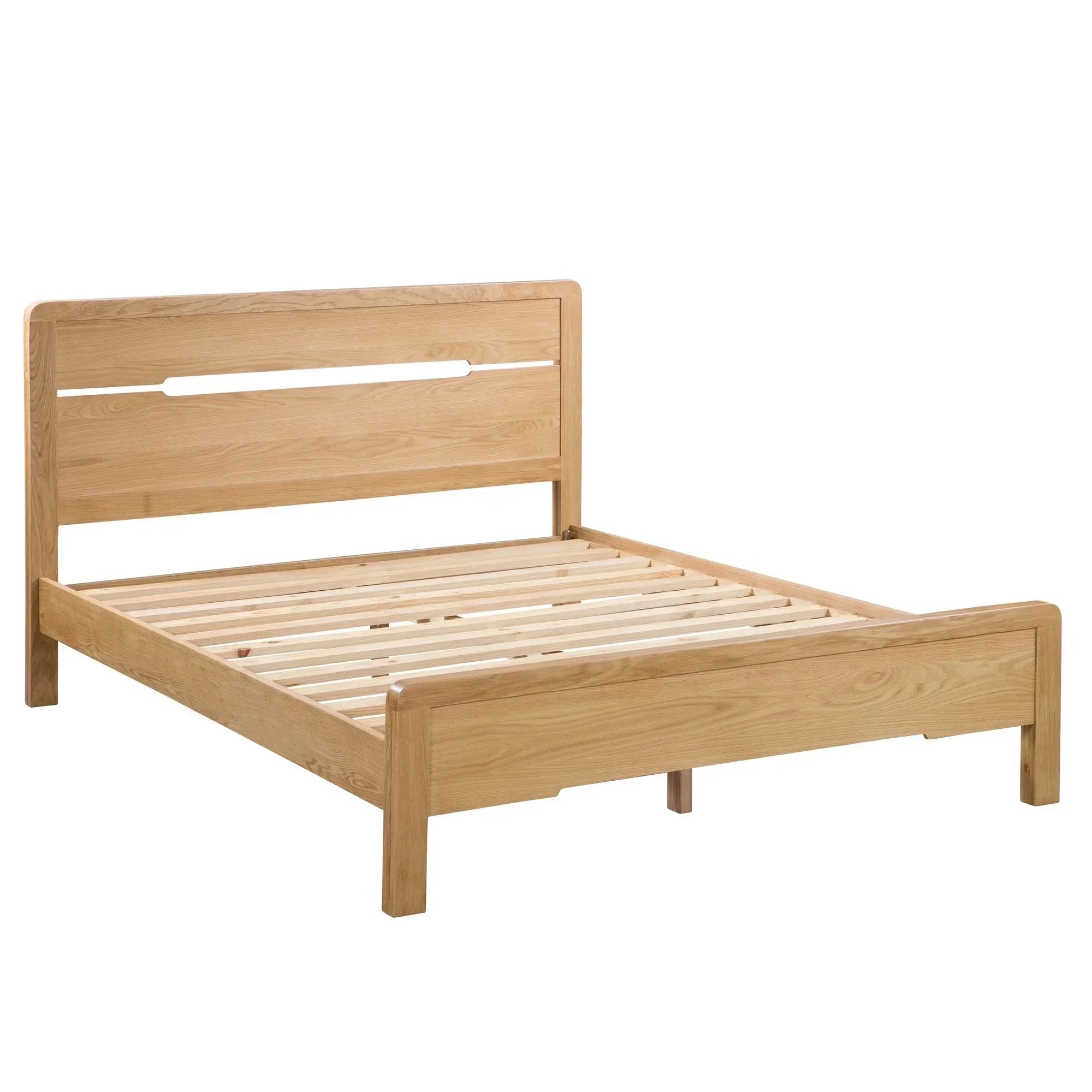 Oak king bed frame with slatted base and horizontal headboard in cutout view