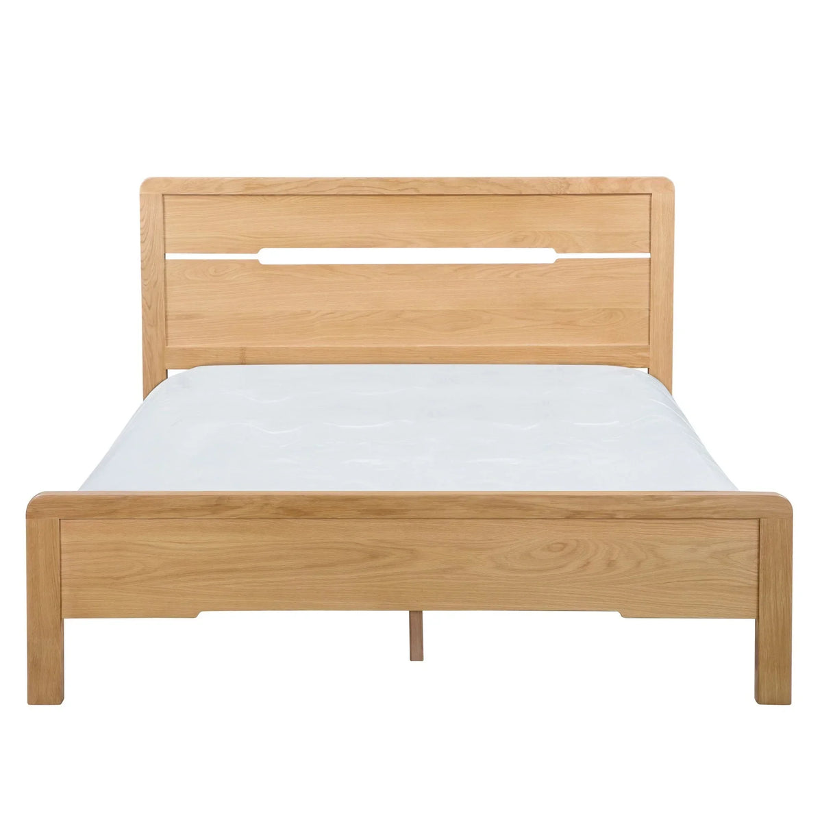 Oak king size bed frame with slatted headboard and mattress, front view