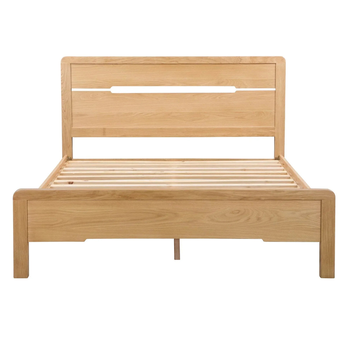Oak king bed frame with slatted base and curved edges, front view