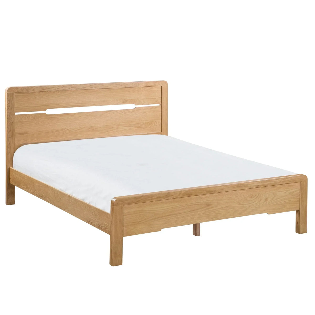 Oak king bed frame with curved headboard and white mattress on white background