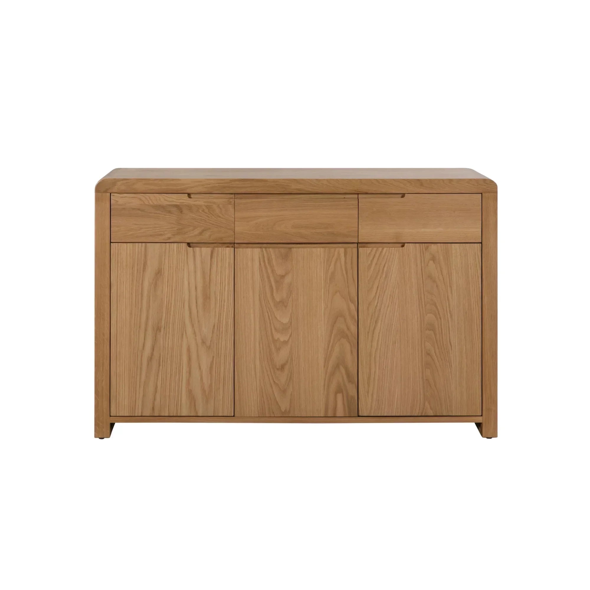 Oak sideboard with three drawers and three cabinet doors, modern wood grain finish, front view