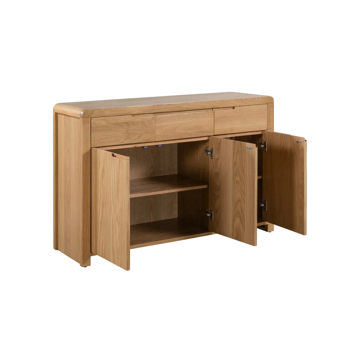 oak sideboard with curved edges, three drawers and open double cabinet doors showing shelves