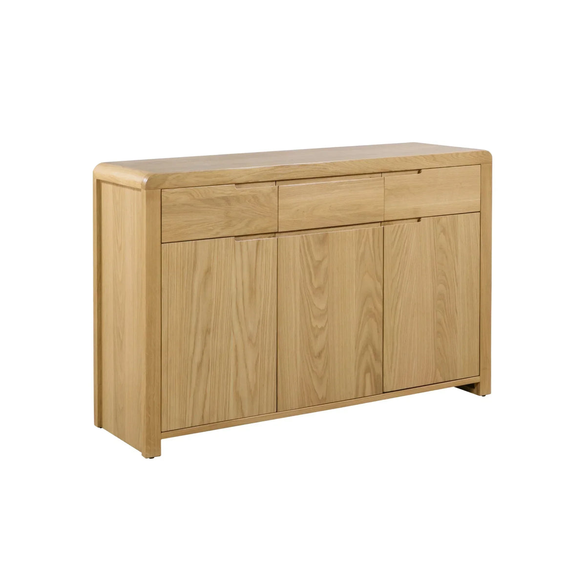Oak sideboard with three drawers and four cabinet doors, rounded corners, natural finish