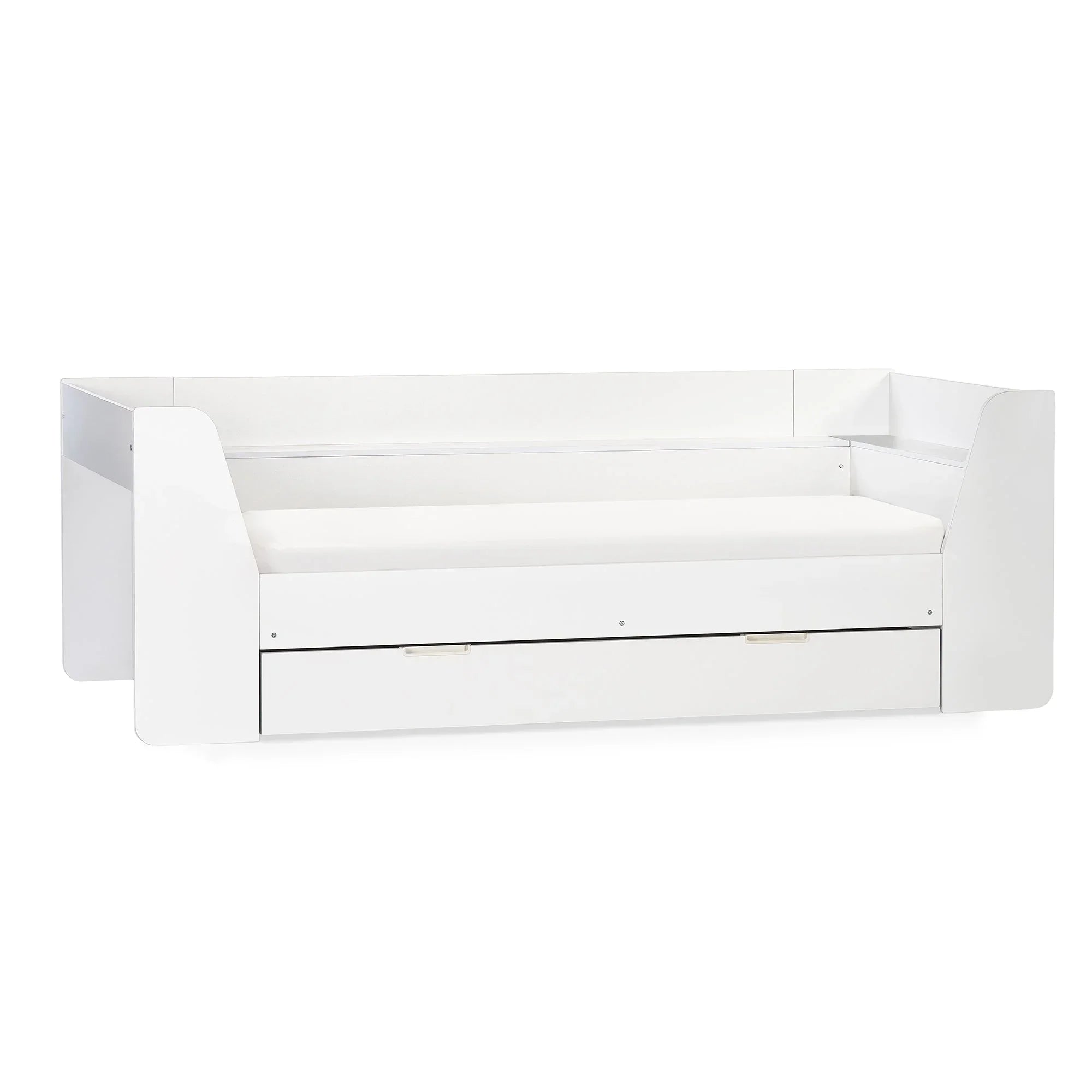 White daybed with underbed storage drawer, modern design, shown on white background
