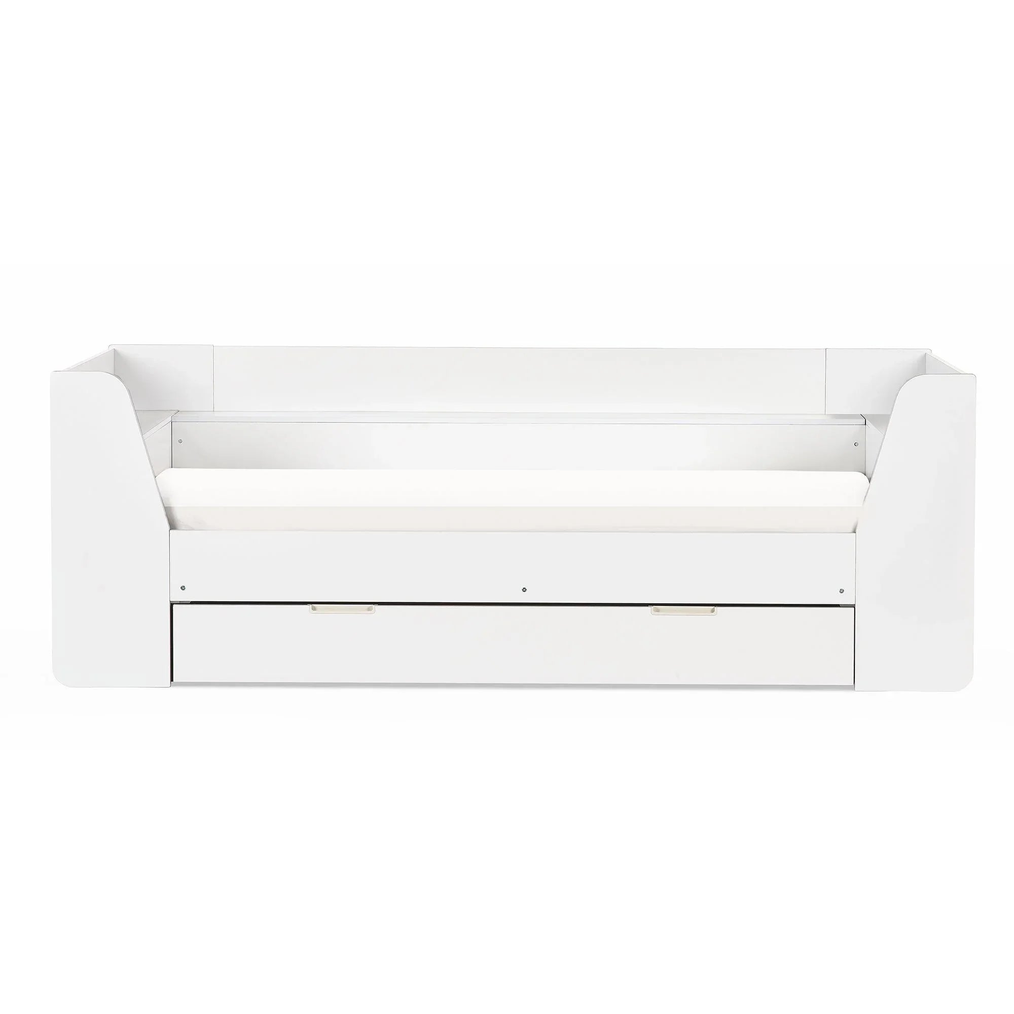 White daybed with pull-out storage drawer and side panels, front facing