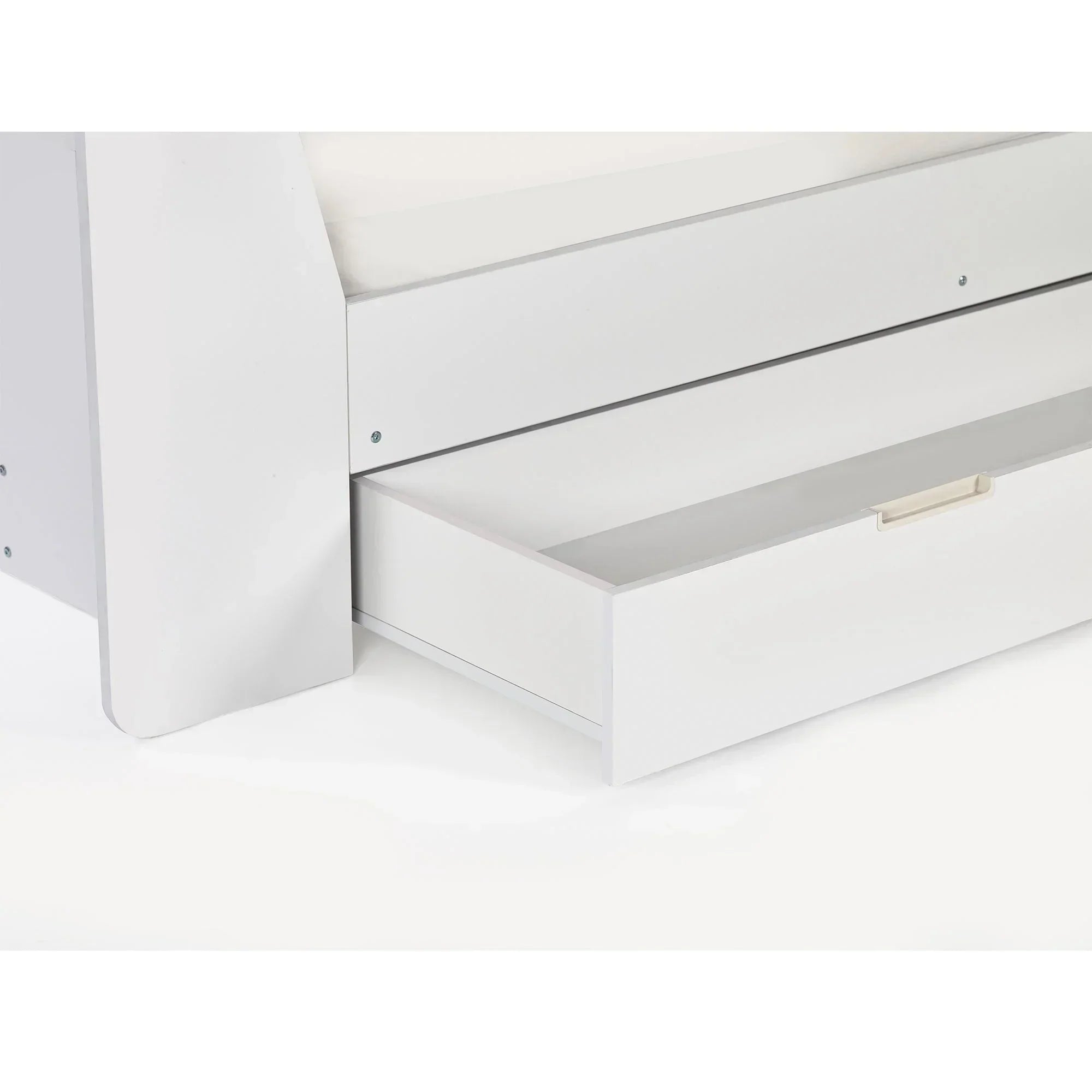 White daybed with built-in storage drawer, close-up of corner and open drawer detail
