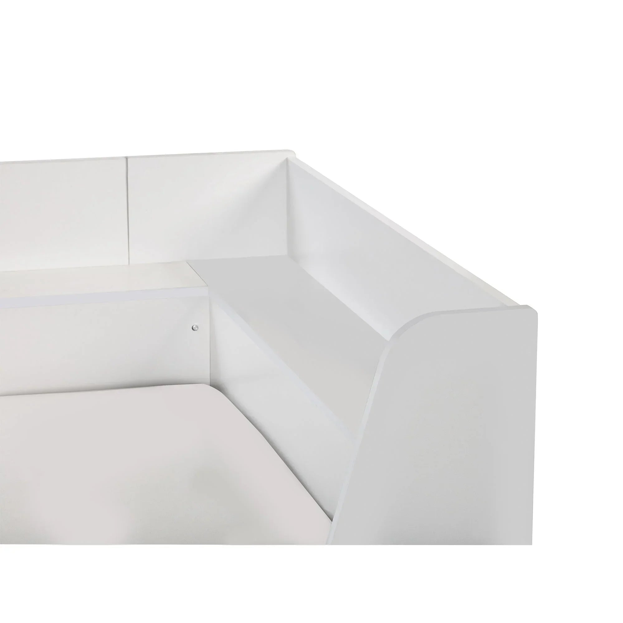 White cyclone daybed corner detail showing integrated shelf and panel design