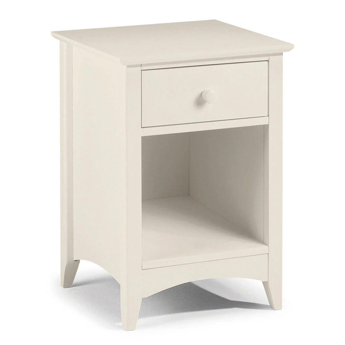 White bedside table with one drawer and open shelf, angled front view
