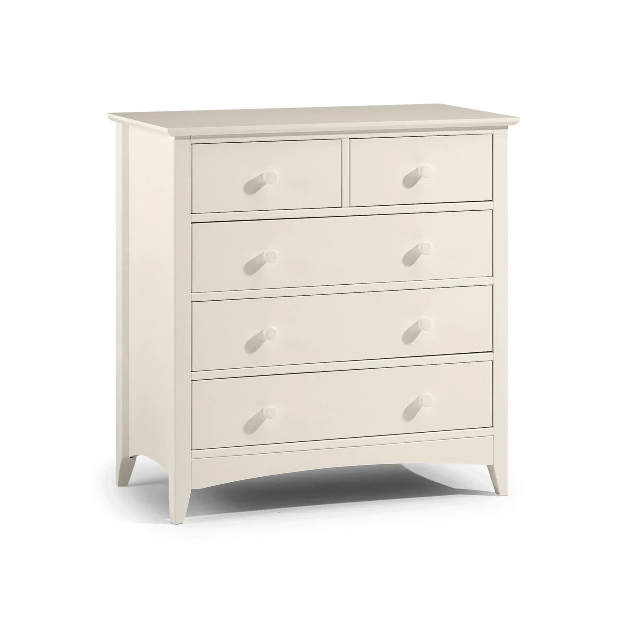 Cream 3 2 drawer chest with round handles and curved base, shown at an angle