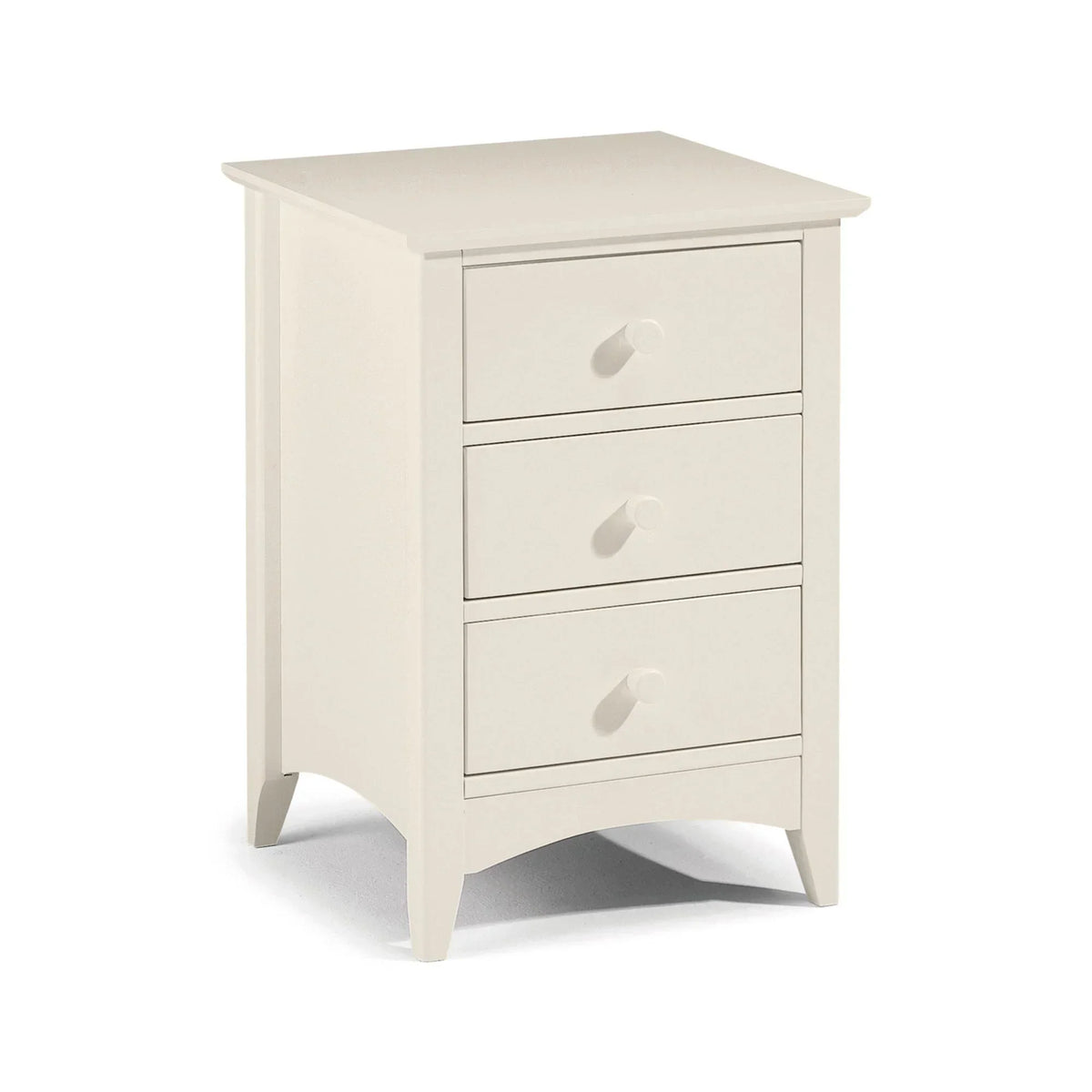 Cream wood bedside table with three drawers and rounded handles, angled front view