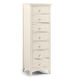 Tall cream 7 drawer chest with round handles and modern design, shown from front angle