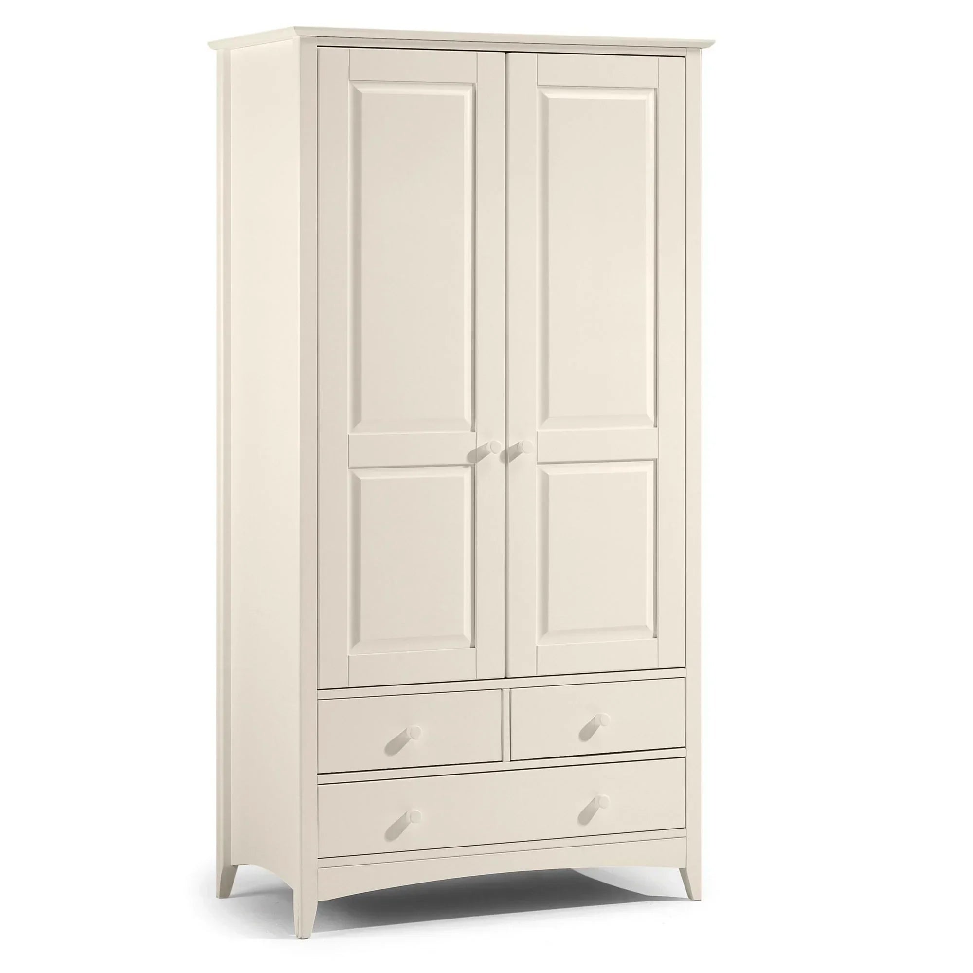 Cream combination wardrobe with paneled doors and three drawers, angled front view