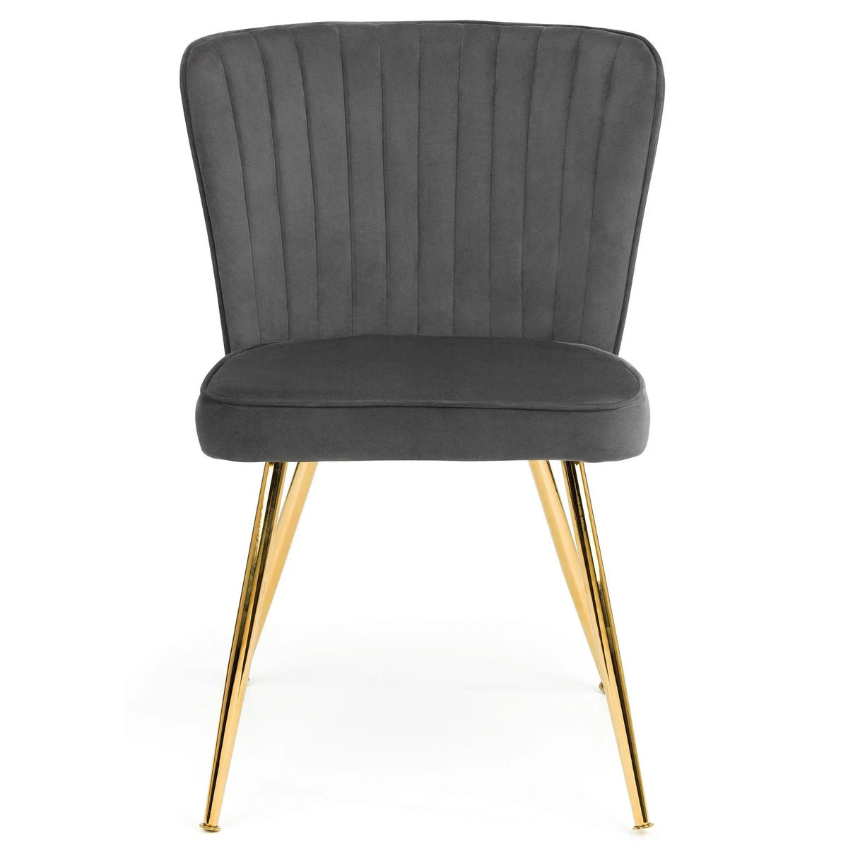 Grey velvet dining chair with gold metal legs, front view, vertical stitched backrest