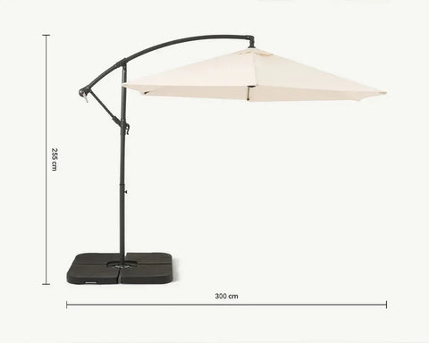 Ivory cantilever parasol 3M with black metal frame, shown side view with height and width