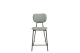 Grey bar stool with padded seat, curved backrest and black metal legs, front view