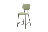 Sage green Capri bar stool with padded seat and backrest, black metal legs, side view