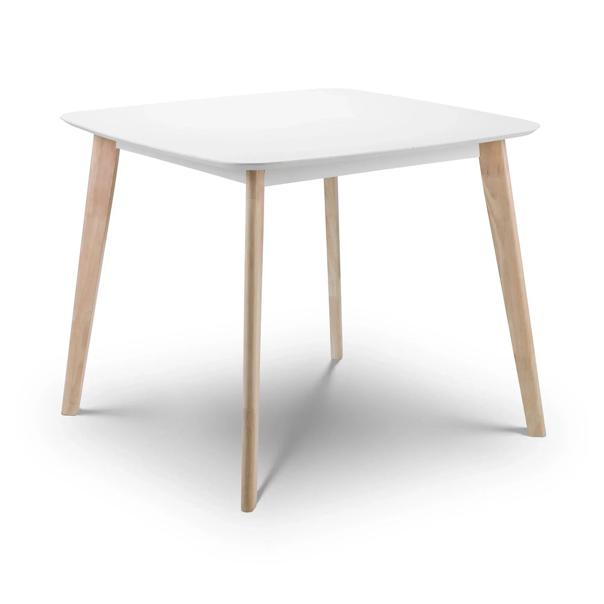 White square dining table with light wood legs, shown from front angle on white background