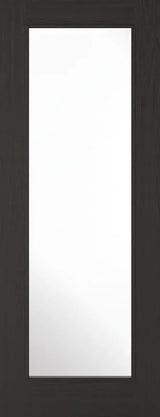Charcoal black glazed internal door with large central clear glass panel, vertical view
