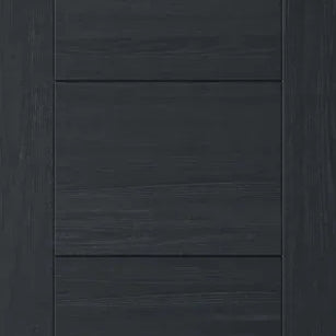 Charcoal black interior door with five horizontal panels and wood grain texture