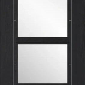 Charcoal black glazed door with four clear glass panels, vertical wood grain texture