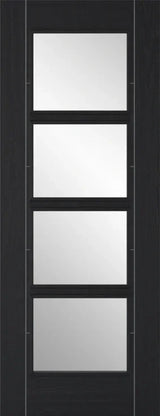 Charcoal black glazed door with four clear glass panels, vertical wood grain texture