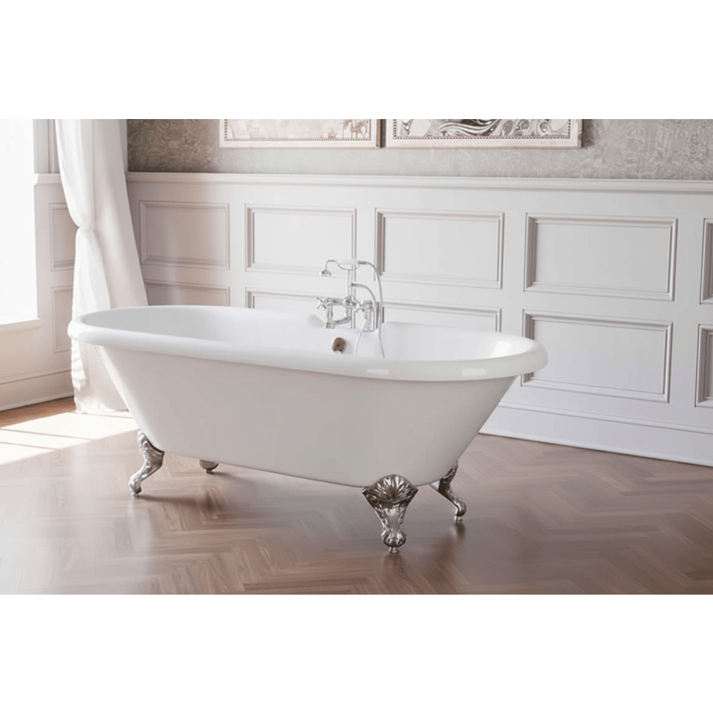 White freestanding bathtub with decorative legs in a bathroom setting