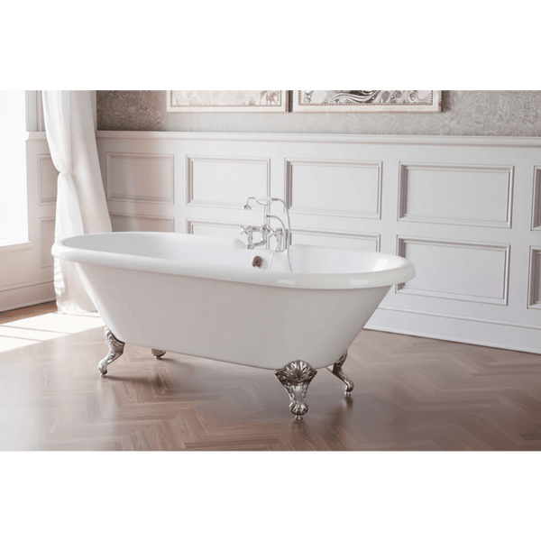 White freestanding bathtub with decorative legs in a bathroom setting