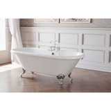 White freestanding bathtub with decorative legs in a bathroom setting