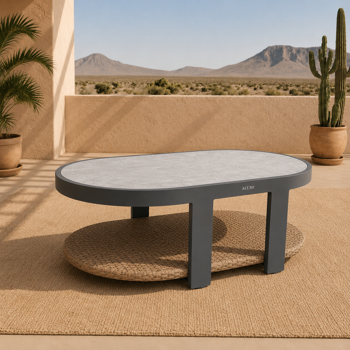 Grey metal frame coffee table with white stone top and rattan shelf under sunlight