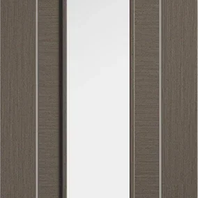 Chocolate grey interior door with long glazed glass panel and modern wood grain texture
