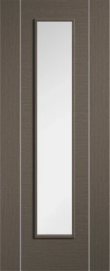 Chocolate grey interior door with long glazed glass panel and modern wood grain texture