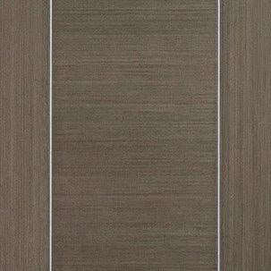 Chocolate grey interior door with vertical panel design and wood grain texture