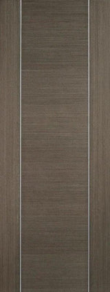 Chocolate grey interior door with vertical panel design and wood grain texture