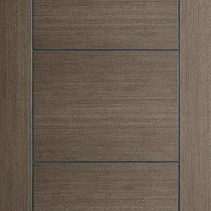 Chocolate grey interior door with horizontal panel design and wood grain finish