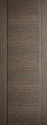 Chocolate grey interior door with horizontal panel design and wood grain finish