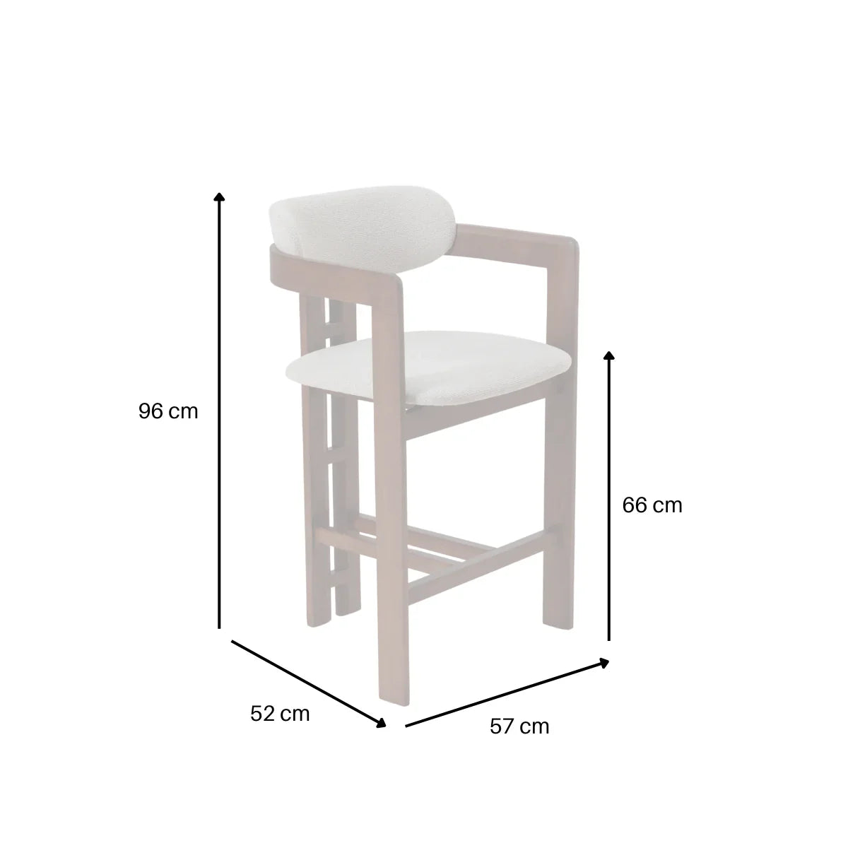 Clara barstool with upholstered seat and backrest, showing dimensions 96x57x52 cm
