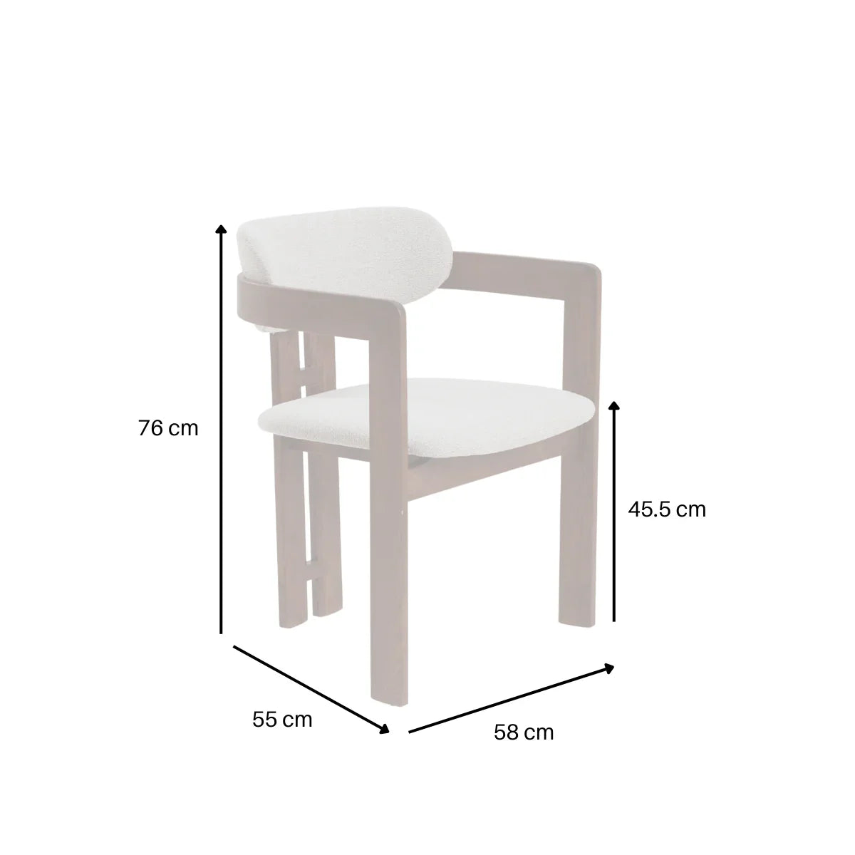 Clara chair with wooden frame and fabric seat showing height, width, and depth dimensions