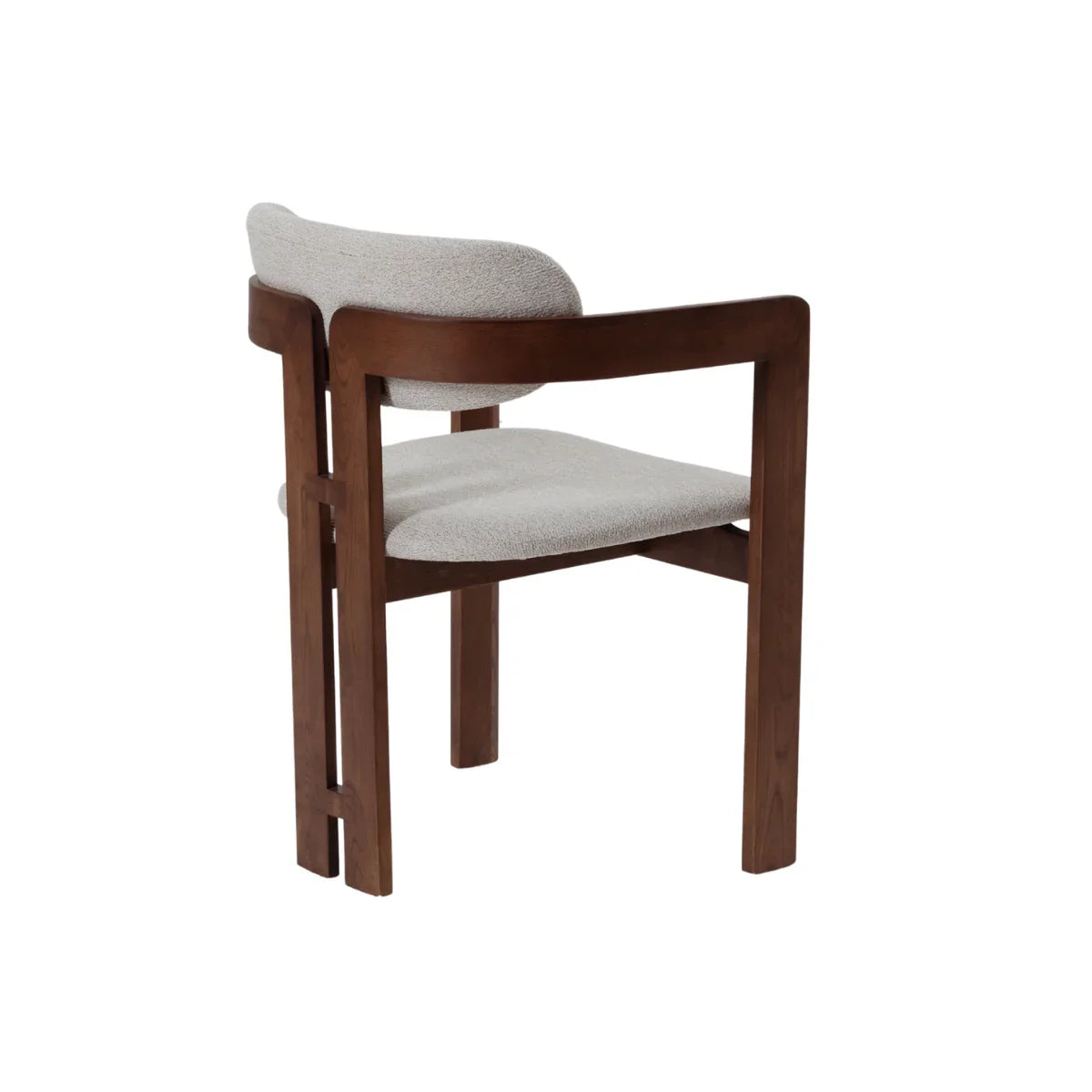 Clara dining chair with light upholstered seat and curved wooden frame, rear angle view