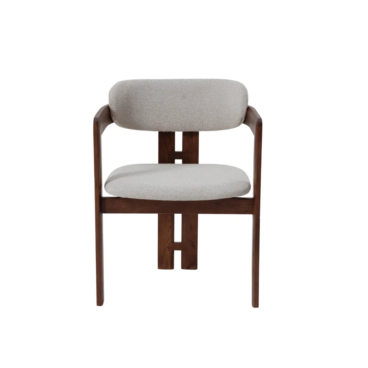 Clara dining chair with cushioned seat, wooden frame, upholstered in light fabric, front view