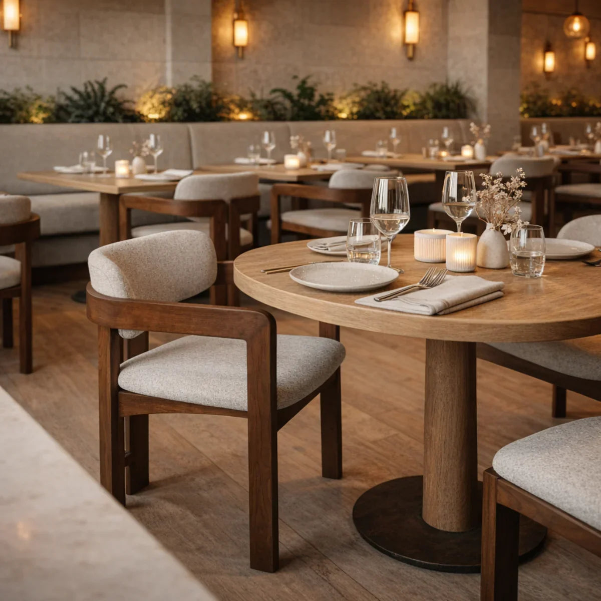 Clara chair with wooden frame and light fabric seat at round dining table, restaurant setting