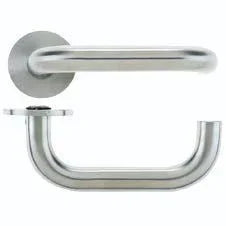 Stainless steel door handle with round rose, side and top views shown